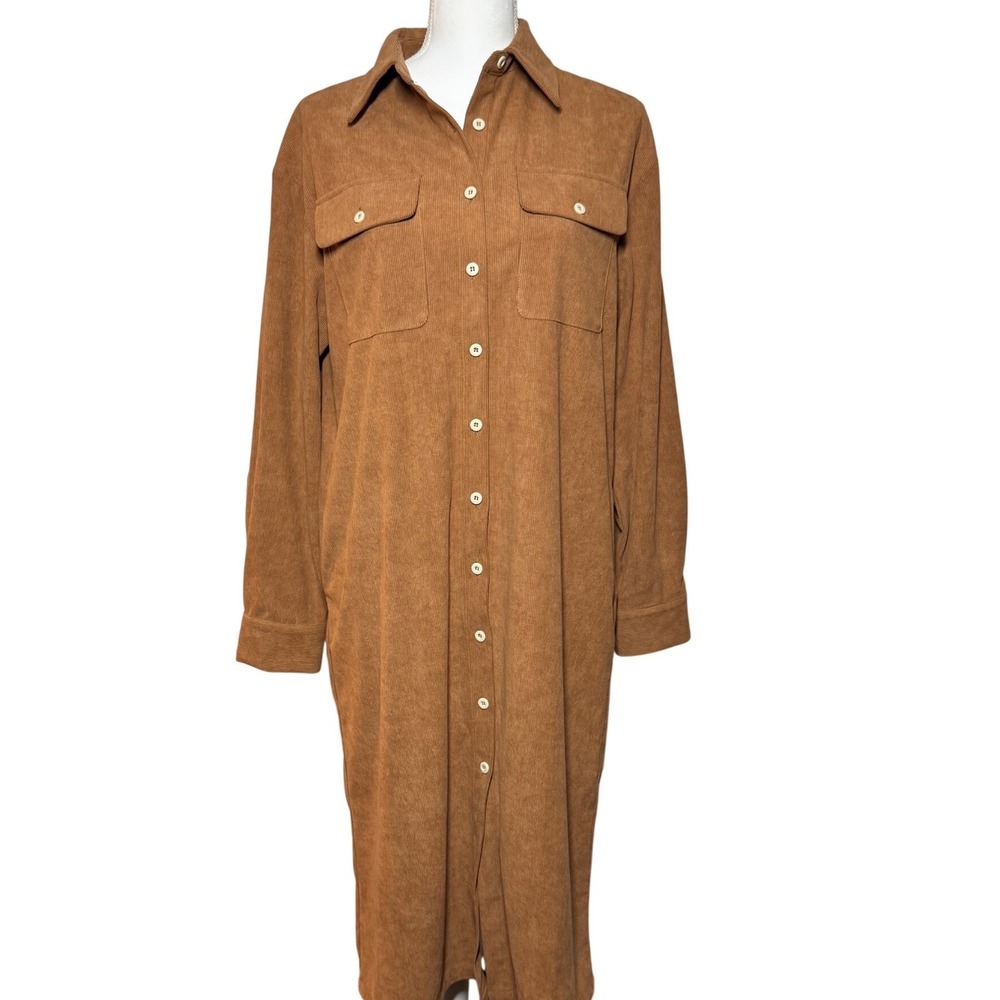Modesees Corduroy Button Down Midi Shirt Dress S Brown NEW Long Sleeve Ribbed